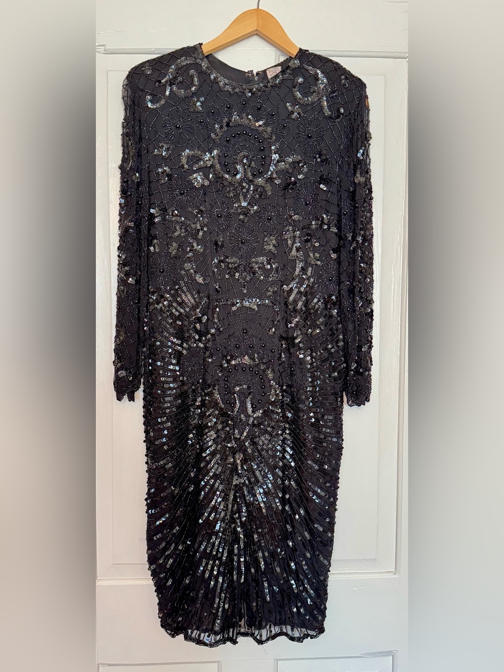 Vintage 1980s Black Silk Beaded Embellished Long Sleeve Midi Cocktail Dress